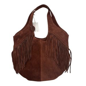 Lucky Brand Nyra Brown Fringe Soft Suede Tote Bag Boho Style Cappucinno